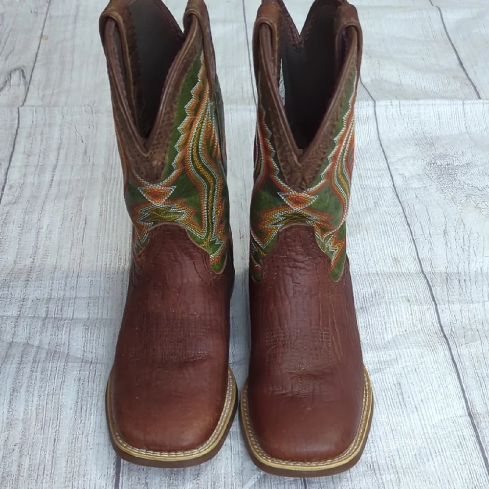 Durango Brown Leather Kids Cowboy Boots with Green Embroidered Shaft